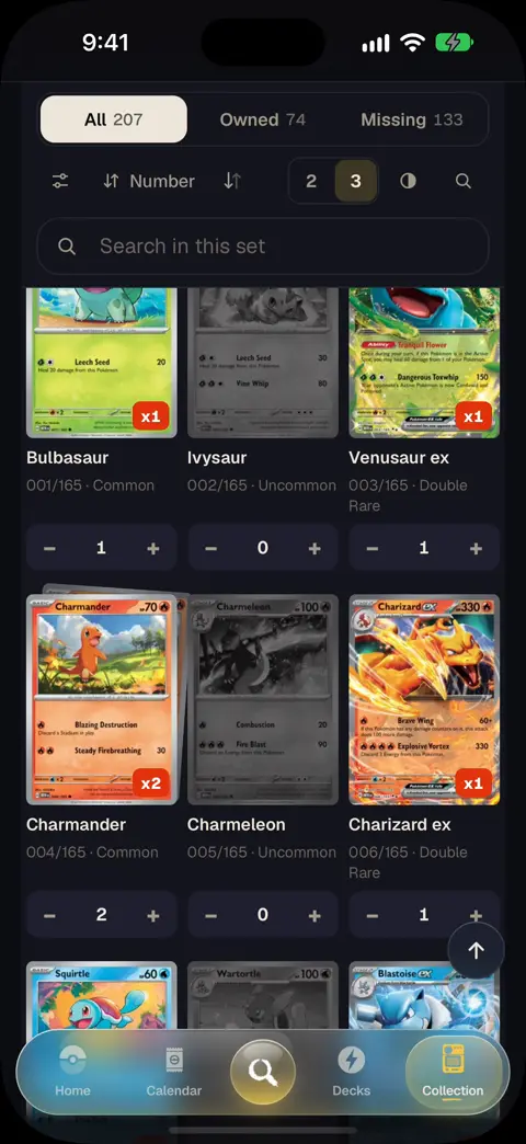 An opened set in grid view: owned cards in color, missing ones in gray