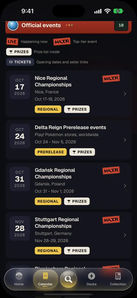 Official events in Europe, then a regional with its dates and tickets