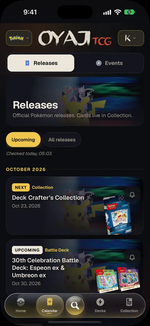 The release calendar with a countdown to the next set