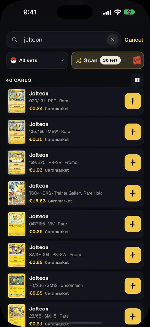 Searching cards by name: every Jolteon printing with its price