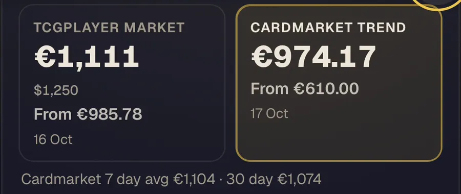 The card sheet: TCGplayer market and Cardmarket trend side by side, each with its From underneath, the market your collection counts lit